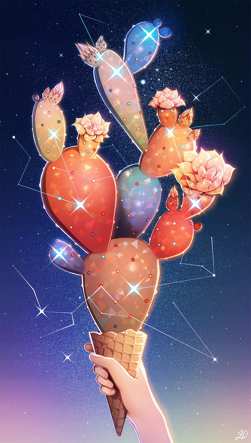 cactus, ice cream, art, flowers, stars, HD phone wallpaper
