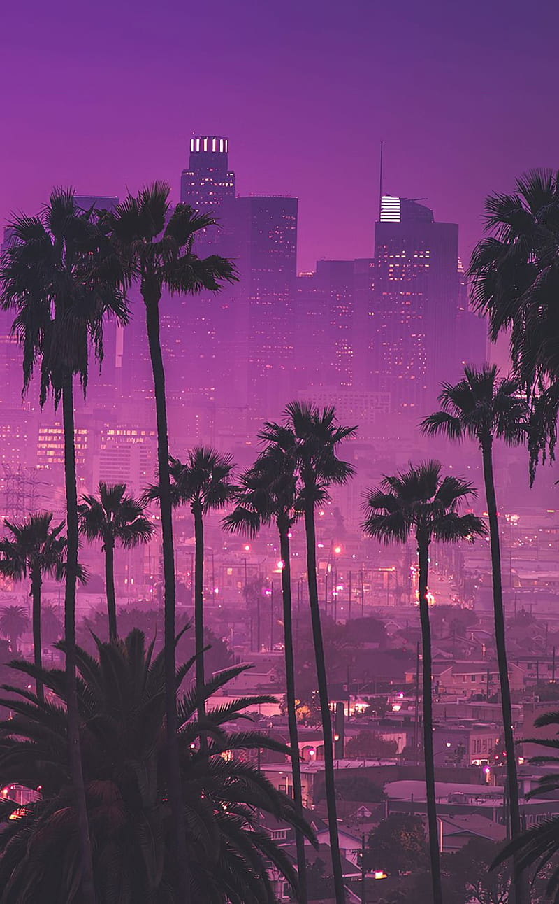 Purple City LA, colorful, flowers, lightening, palm, sky, tree, trees, HD phone wallpaper