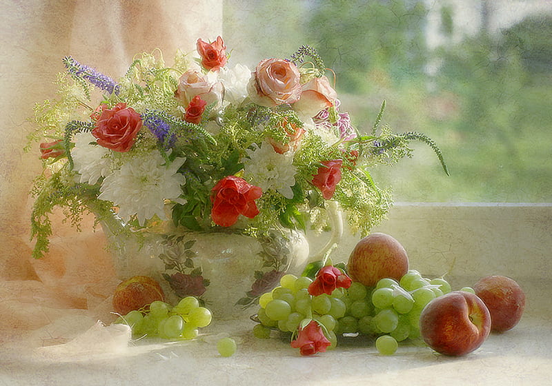 Still Life, colorful flowers, pretty, colorful, rose, fruits, vase, bonito, grapes, graphy, green, flowers, beauty, lovely, window, romantic, white flowers, romance, colors, roses, bouquet, nature, petals, white, HD wallpaper