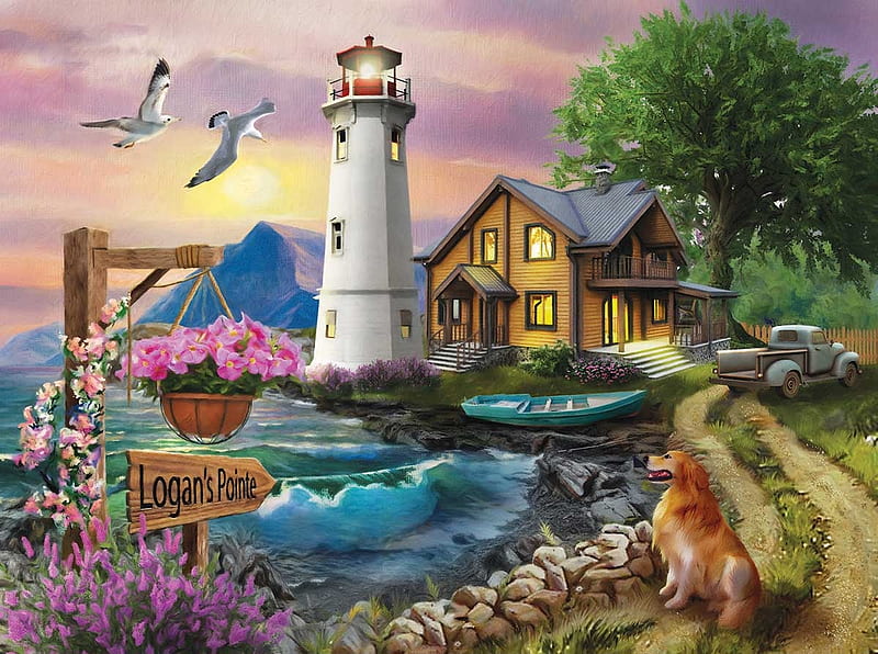 Logan's Pointe, cottage, car, mountains, birds, flowers, lighthouse, dog, artwork, boat, digital, HD wallpaper
