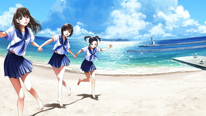 Beach Girls, female, cloud, holding hand, blush, smile, sky, sexy, happy, cool, water, three girls, hot, walk, anime girl, school uniform, HD wallpaper