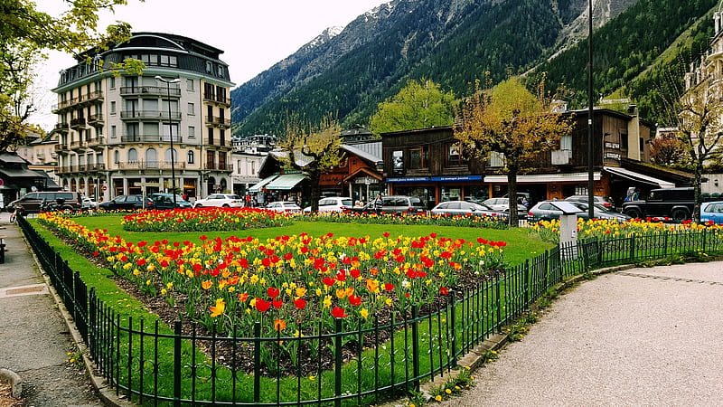 Chamonix City France, city, france, town, garden, park, tulip, chamonix, HD wallpaper