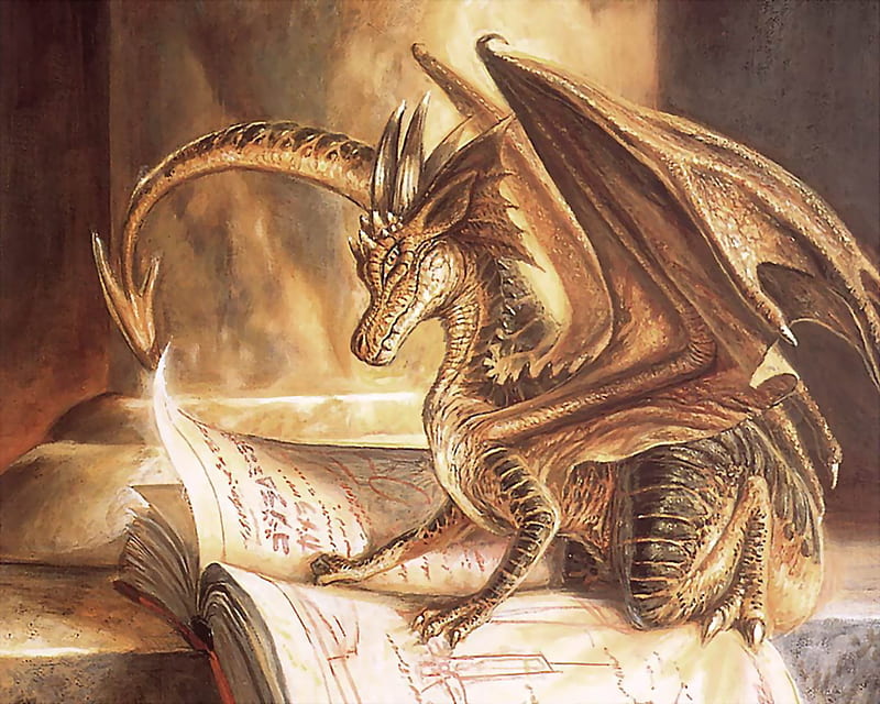 Leyendo con un movimiento de cola, fantasía, oro, lectura, libro, dragón,  Fondo de pantalla HD | Peakpx