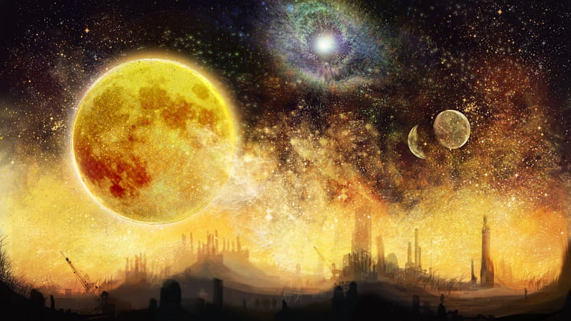Cityscape, stars, planets, moon, HD wallpaper