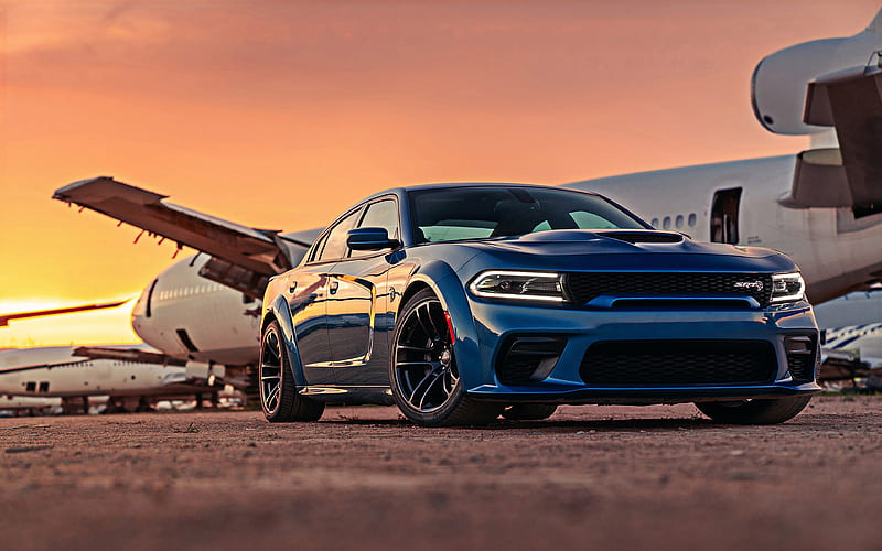 2020 Dodge Charger, Hellcat Widebody, front view, blue sports sedan, tuning Charger, new blue Charger, black wheels, american racing cars, Dodge, HD wallpaper