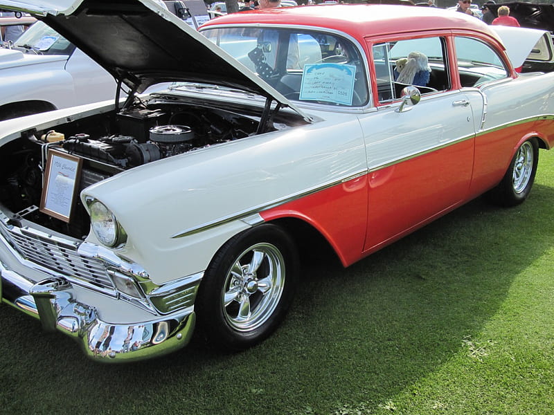 1956 Chevrolet, red, Chevrolet, grass, Chrome, black, nickel, green, Headlights, graphy, white, Tires, Engine, HD wallpaper