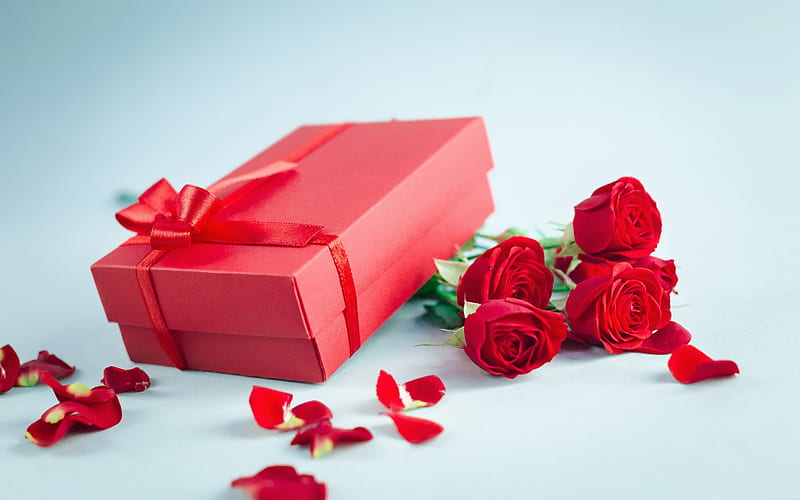 red roses, red gift box, romantic gift, red silk bow, romantic background, roses, red flowers, HD wallpaper
