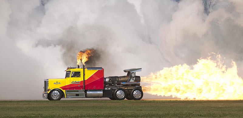 Jet Truck Red Yellow, fire, truck, jet, smoke, HD wallpaper