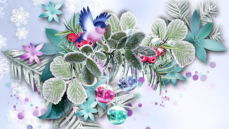 Winter Decorations, Christmas, winter, leaves, green, balls, bird, snow, snowflakes, decorations, flowers, blue, frost, HD wallpaper