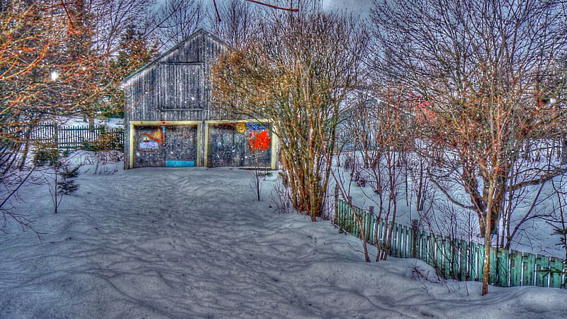 Back Yard in Winter - r, architecture, back yard, garage, winter, HD wallpaper
