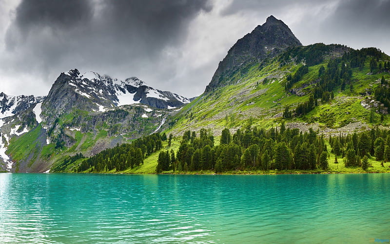 Altai Mountain Lake, turquoise, cloudy, lakes, green, mountains, HD wallpaper