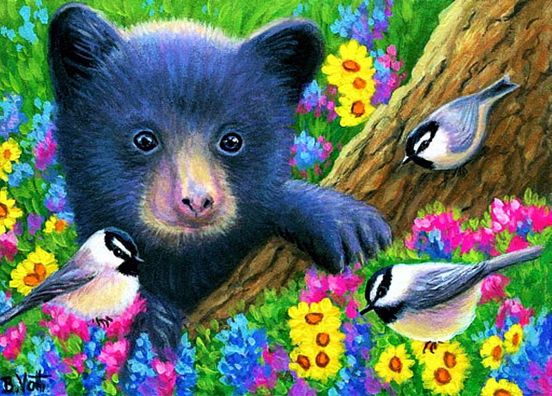 Little Bear's Summer Friends, chickadees, painting, birds, flowers, blossoms, colors, artwork, HD wallpaper