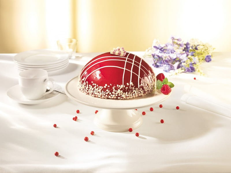 Raspberry glaze, cake, table, glaze, food, dishes, flowers, raspberry, cups, HD wallpaper
