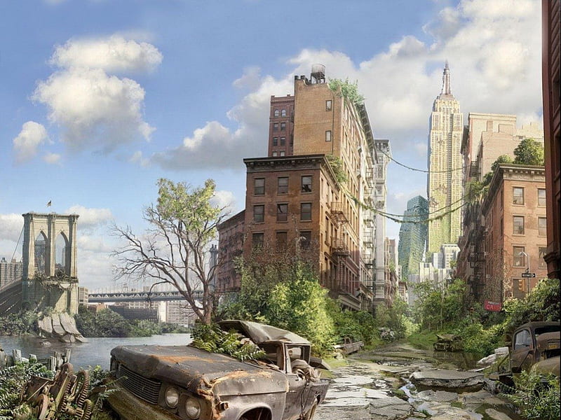 JUNGLE CITY (AFTER PEOPLE), destruction, cityscape, vehicles, neglect, overgrowth, futuristic, trees, abstract, sky, post apocalypse, deserted, condemnation, imaginary, HD wallpaper