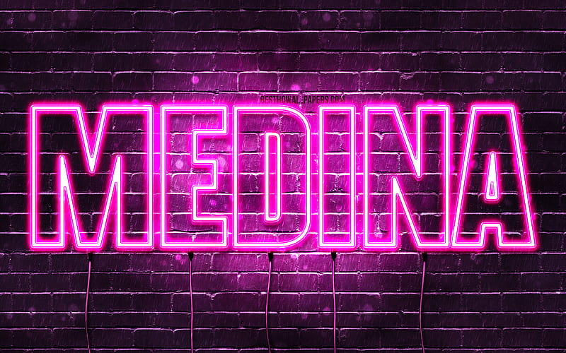 Medina with names, female names, Medina name, purple neon lights, Happy Birtay Medina, popular kazakh female names, with Medina name, HD wallpaper