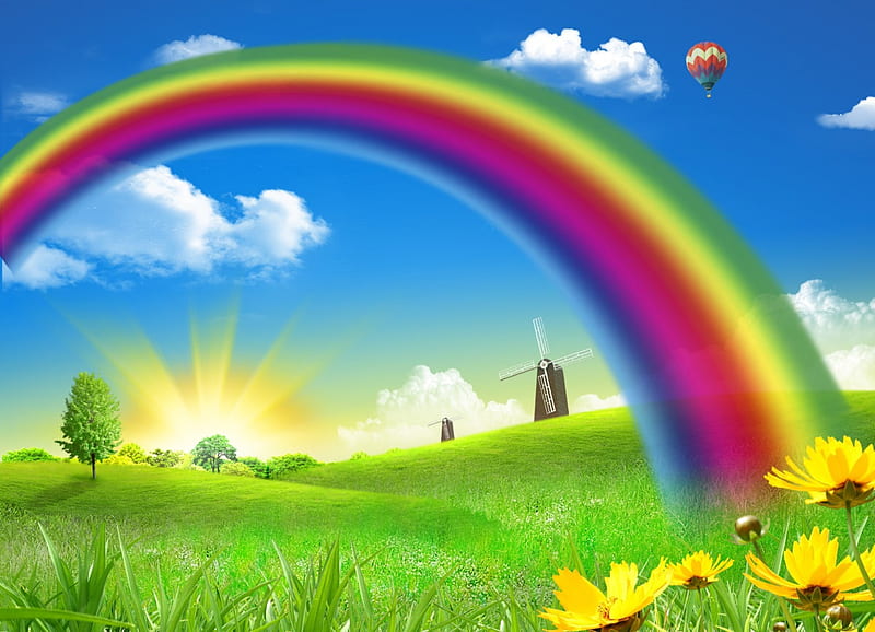 rainbow, skies, sun, cloud, grass, flower, summer, HD wallpaper rainbow, skies, sun, cloud, grass, flower, summer, HD wallpaper