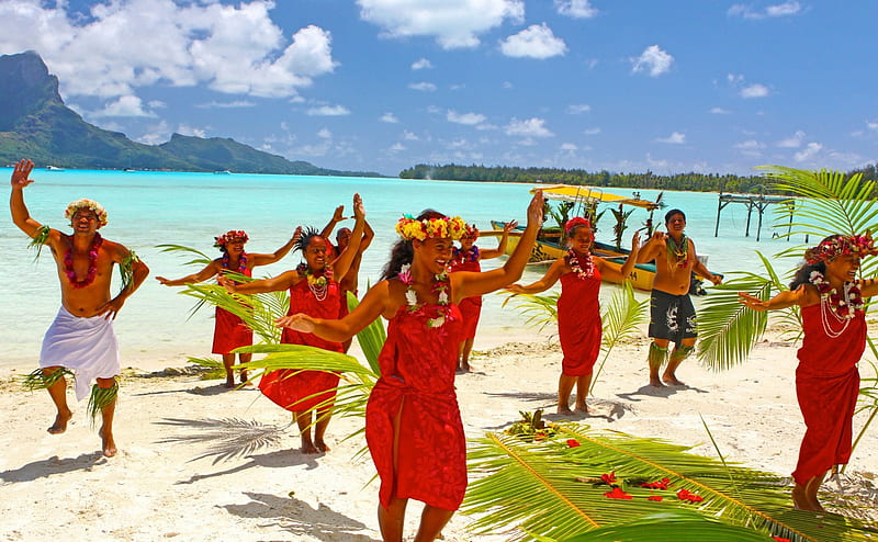 Tahitians Dance on white sand beach on paradise island Bora Bora near Tahiti Society Islands, dancers, polynesia, french, palm, atoll, lagoon, hula, beach, ceremony, luxury, islands, tahitian, honeymoon, pacific, man, south, ceremonial, elope, society, paradise, native, white, hawaiian, vows, seas, southseas, woman, dancer, bora bora, leaves, sand, tribal, moari, polynesian, blue, tahitians, exotic, escape, wedding, islanders, island, polynesians, tropical, tahiti, HD wallpaper