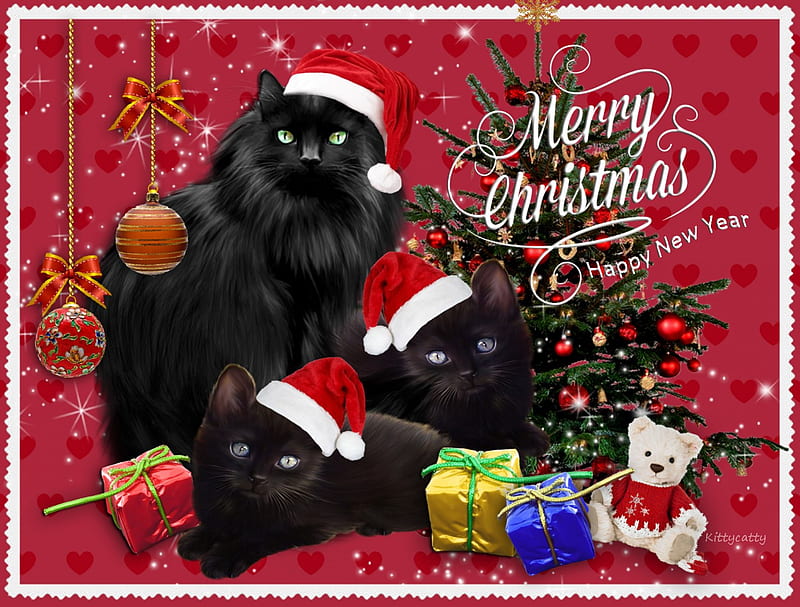 Merry Christmas*Happy New Year , Christmas, christmas tree, New Year, christmas gifts, black cats, merry Christmas, happy New Year, santa, teddy bear, Xmas, cats, HD wallpaper