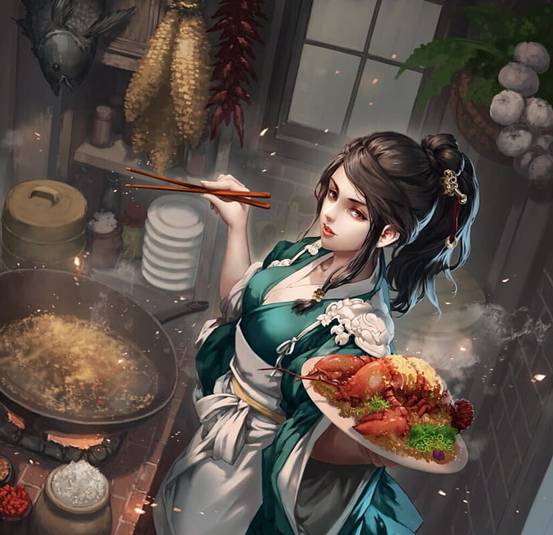 Full moon cooking, antilous, art, fantasy, food, girl, cooking, antilous chao, HD wallpaper