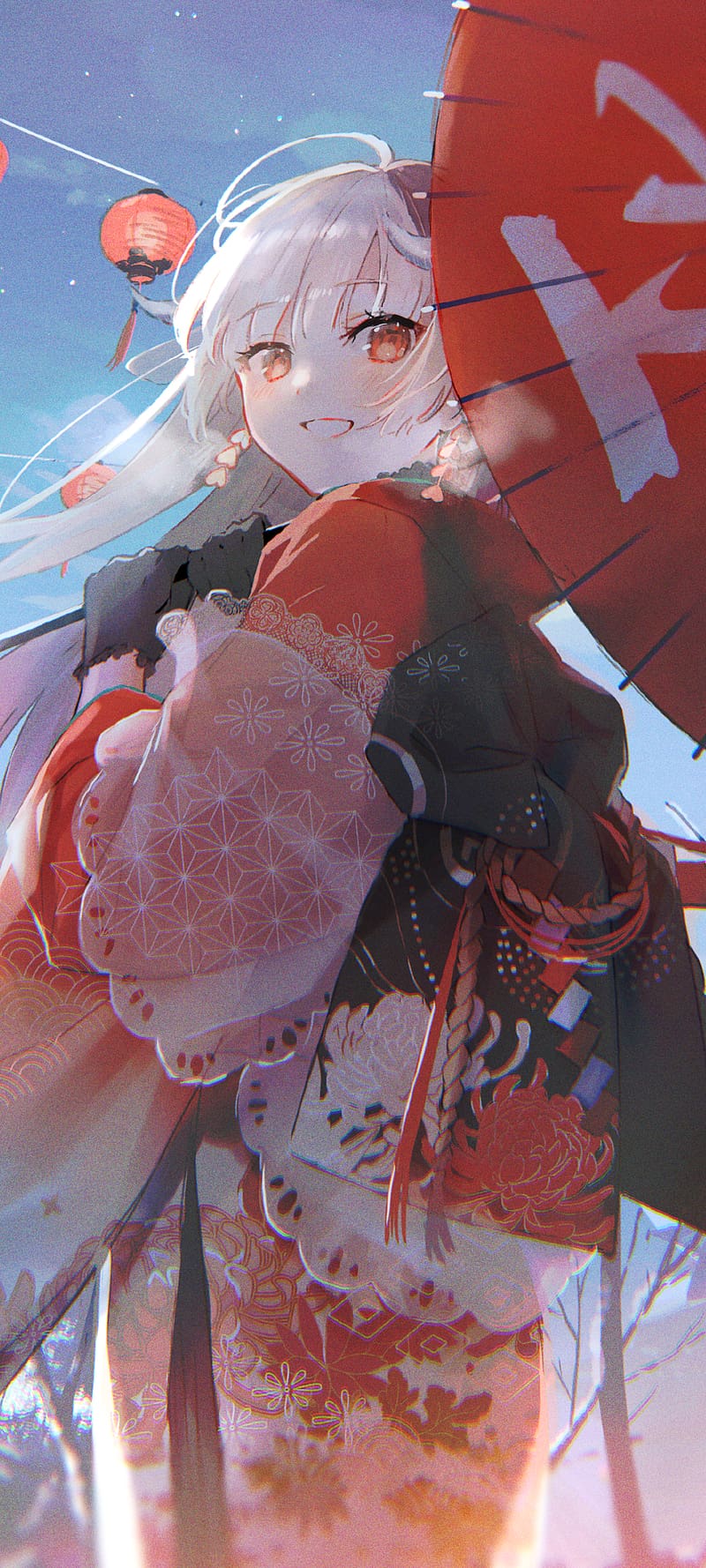 / Anime Girl Phone , Japanese Clothes, Kimono, Red Eyes, White Hair,, 1080x2400 Japan, HD phone wallpaper