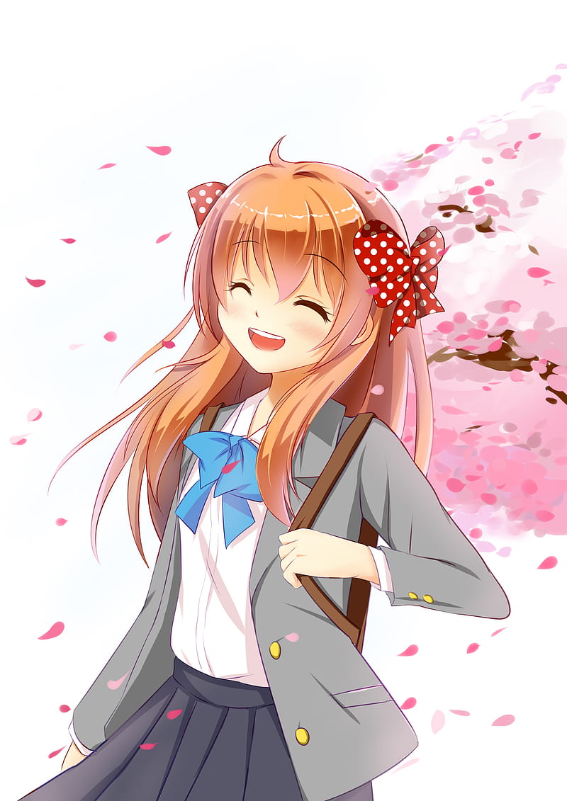 sakura chiyo, gekkan shoujo nozaki-kun, smiling, cherry blossom, orange hair, school uniform, Anime, HD phone wallpaper
