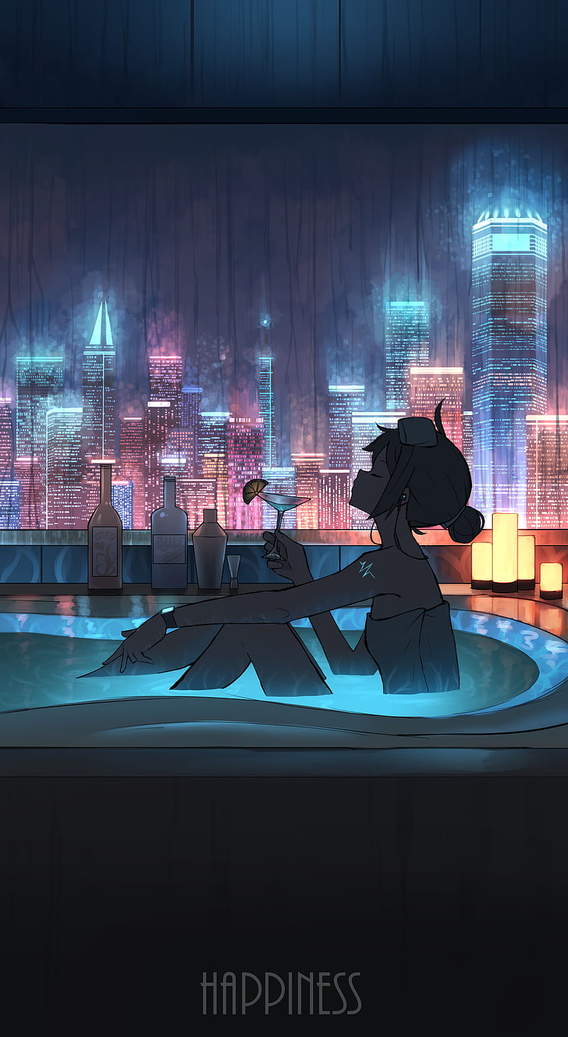 Anime girl, bathtub, city, HD phone wallpaper
