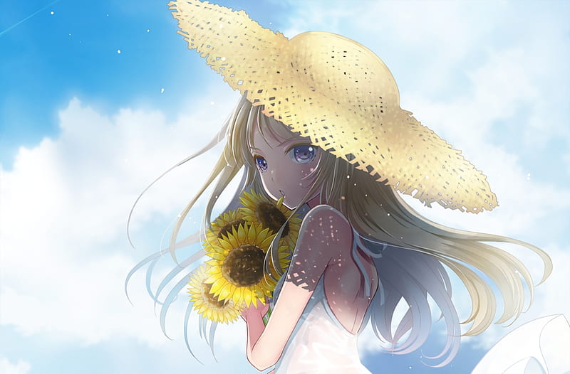 Cute Anime Girl in a Hat on a Background of Sunflowers and Sky Stock Vector  - Illustration of artwork, child: 227737898