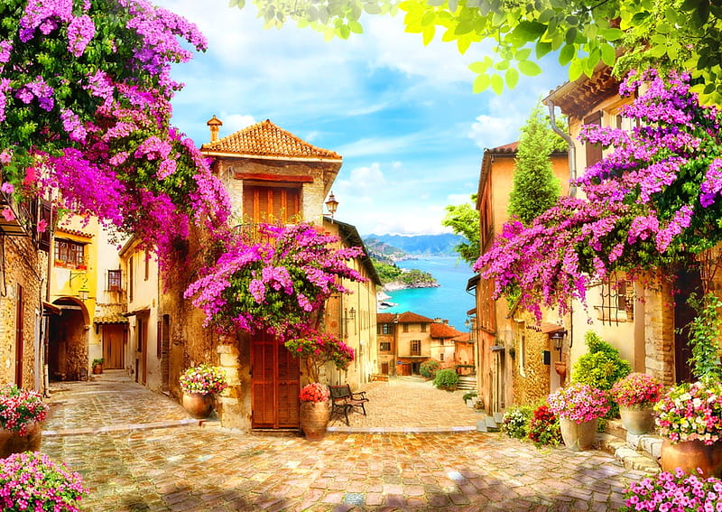que village, pretty, mediterraneo, art, lovely, view, houses, town, bonito, sky, que, sea, summer, flowers, peaceful, village, street, HD wallpaper