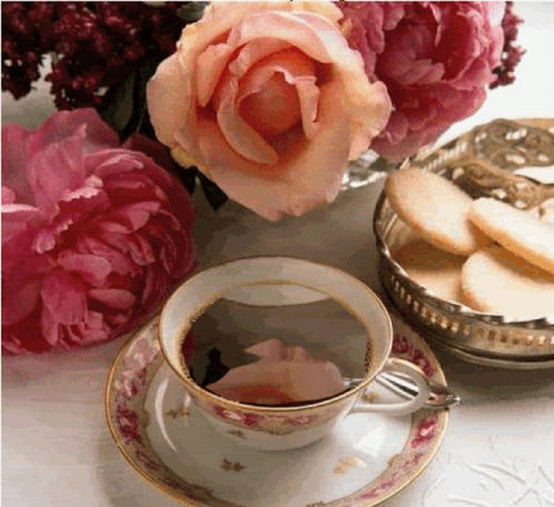 teatime with roses and cookies, still life, cookies, tea time, flowers, roses, HD wallpaper