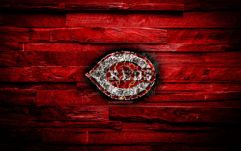Cincinnati Reds scorched logo, MLB, red wooden background, american baseball team, grunge, baseball, Cincinnati Reds logo, fire texture, USA, HD wallpaper