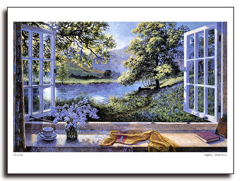 Bluebells F2, art, window, artwork, floral, bluebells, water, bergstrom, painting, stephen bergstrom, flowers, river, scenery, HD wallpaper