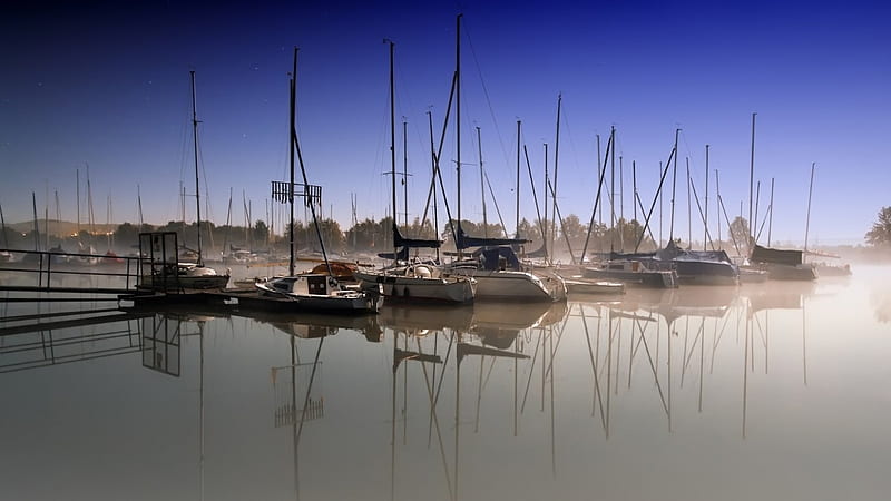 foggy harbor, still waters, marina, boats, harbor, fog, HD wallpaper