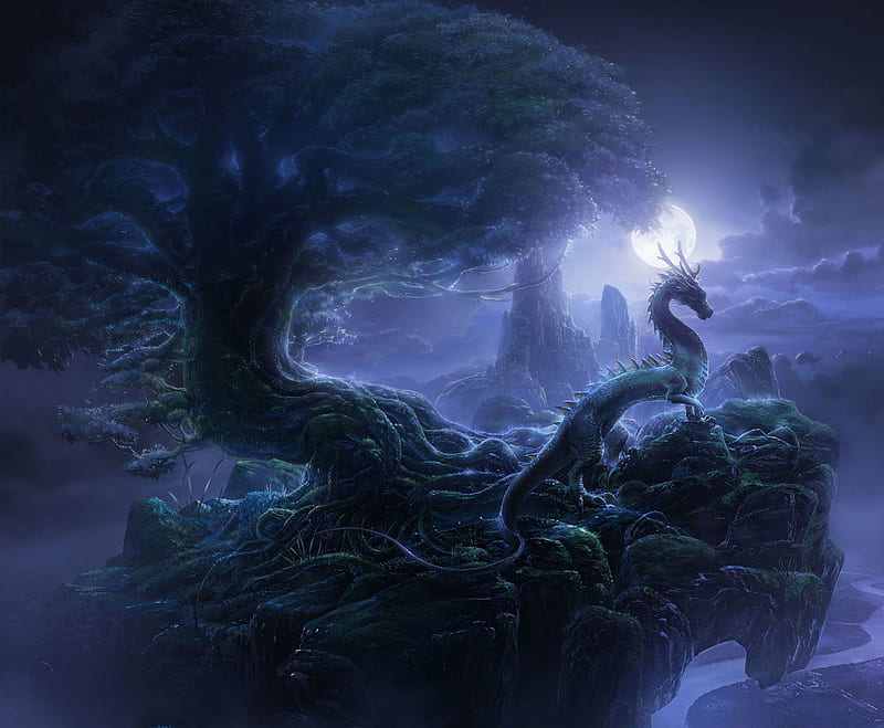 Dragon, fantasy, moon, tree, luminos, moon, dark, blue, flint chen, HD wallpaper