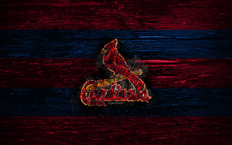 St Louis Cardinals, fire logo, MLB, purple and blue lines, american baseball team, grunge, baseball, St Louis Cardinals logo, wooden texture, USA, HD wallpaper