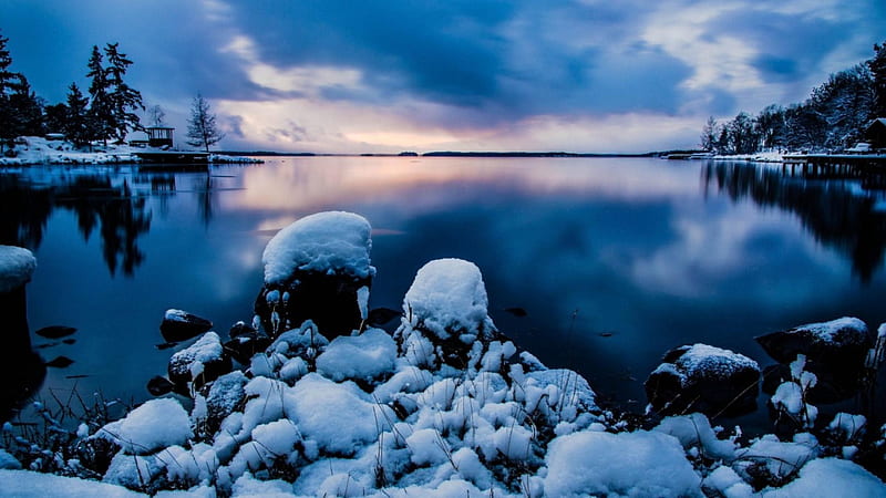 magical winter lake in stockholm sweeden, horizon, sunset, clouds, lake, winter, HD wallpaper