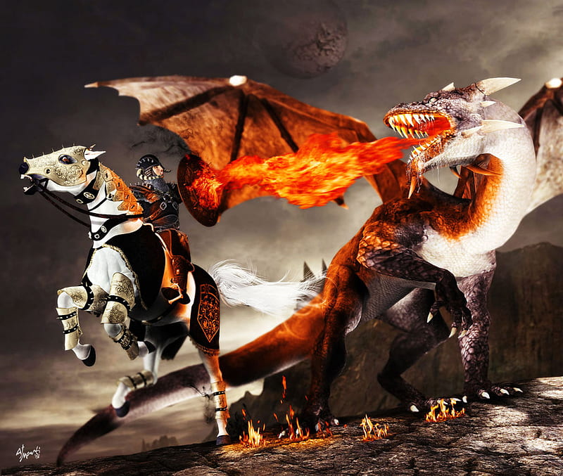 Final Confrontation, fight, warrior, dragon, knight, HD wallpaper