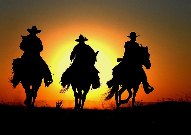 riding in the sunset, sunset, man, cowboy, horse, HD wallpaper