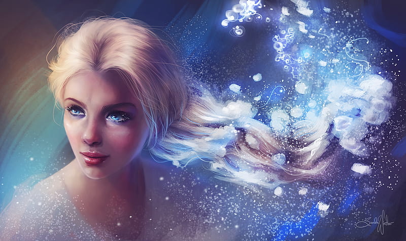 Elsa, fanart, luminos, blonde, winter, fantasy, girl, snow queen, sandramalie, face, white, princess, blue, HD wallpaper
