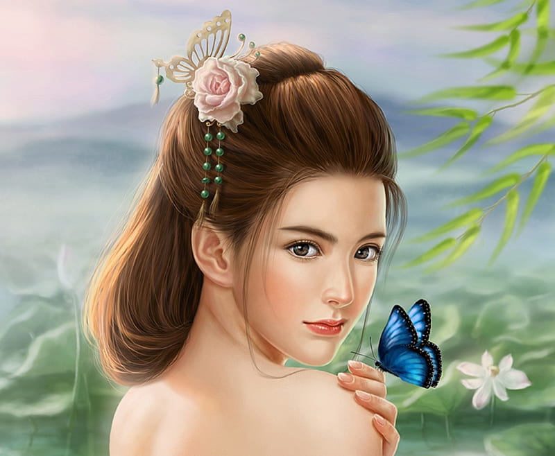 Fantasy girl, face, crystalrain, frumusete, rose, luminos, girl, butterfly, crystalrain272, green, pink, blue, HD wallpaper