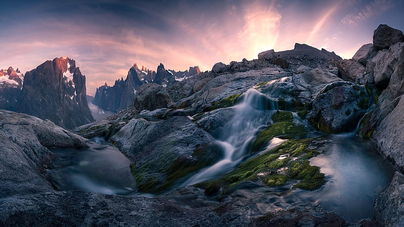 Green Algae Covered Rock Mountains Water Stream Under White Clouds Blue ...