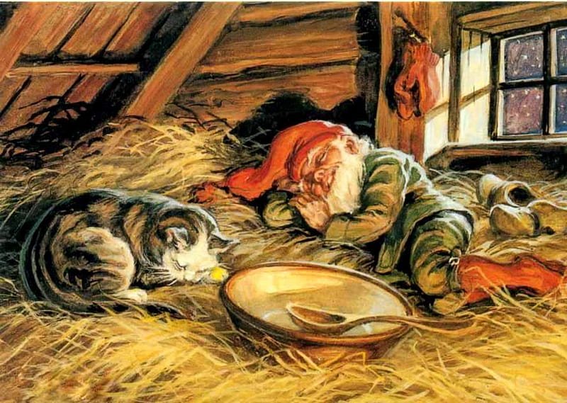 Cozy Nap, spoon, window, christmas, elf, napping, cat, hay, goves, santas helper, barn, shoes, bowl, HD wallpaper