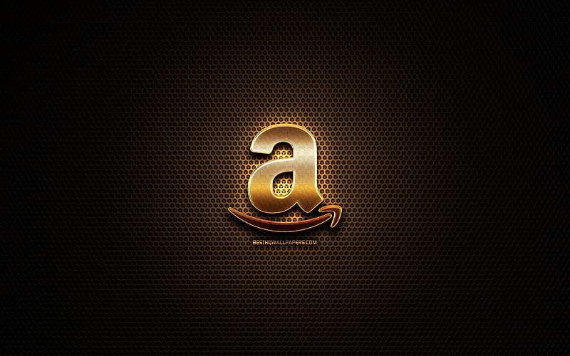 Amazon glitter logo, creative, metal grid background, Amazon logo, brands, Amazon, HD wallpaper
