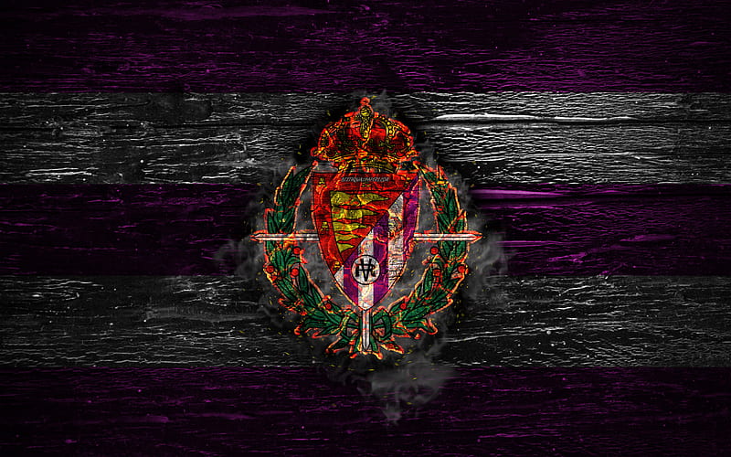 Real Valladolid FC, fire logo, LaLiga, violet and white lines, spanish football club, grunge, football, soccer, logo, Real Valladolid CF, wooden texture, Spain, HD wallpaper