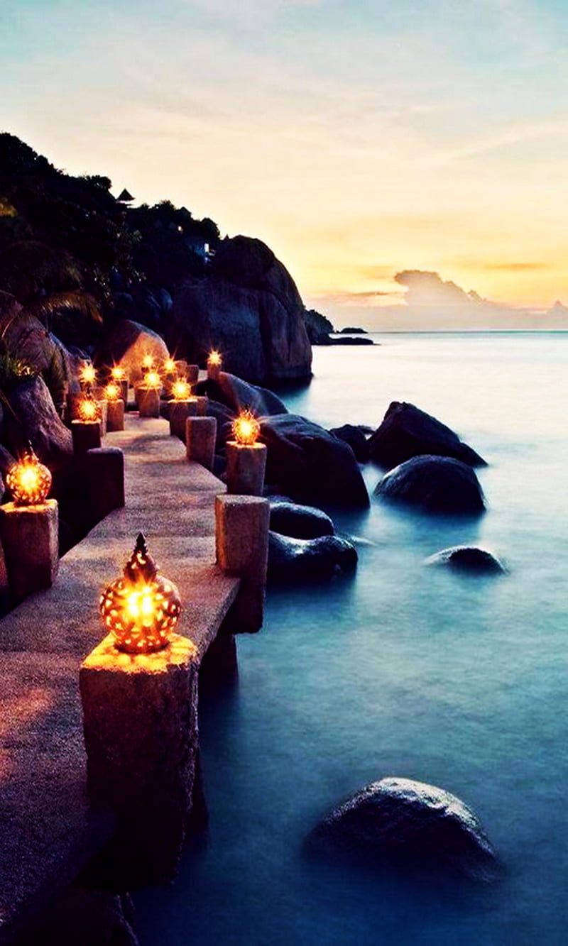 Thailand, ko tao, seaside lanterns, HD phone wallpaper