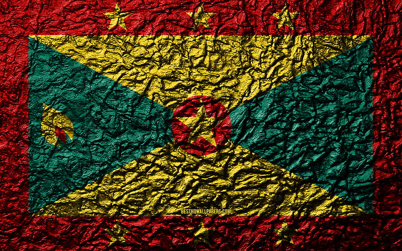 Flag of Grenada stone texture, waves texture, Grenada flag, national symbol, Grenada, North America, stone background, HD wallpaper