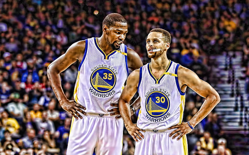 Stephen Curry, Kevin Durant, white uniform, basketball stars, NBA, Golden State Warriors, Durant and Curry, basketball, R, creative, HD wallpaper