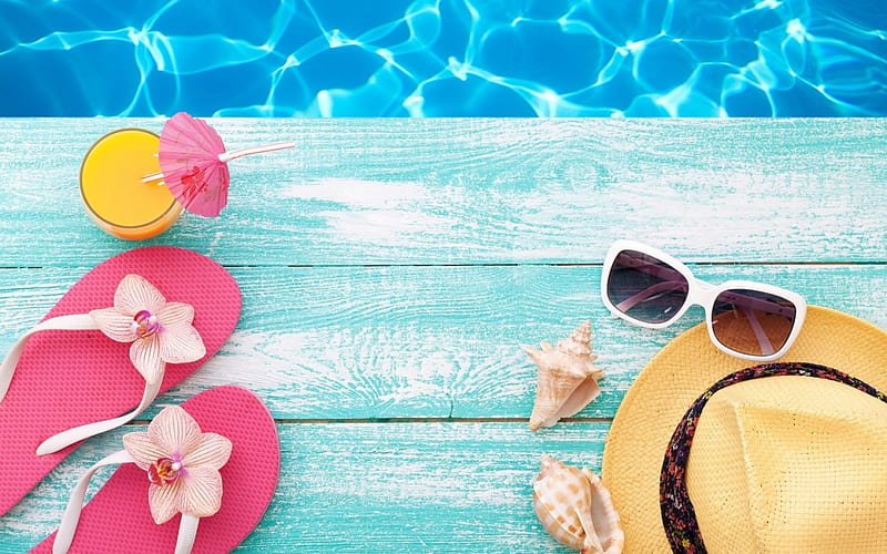Happy Summer!, slippers, umbrella, od, yellow, hat, sunglasses, water, shell, orchid, summer, flower, drink, pink, wood, blue, HD wallpaper