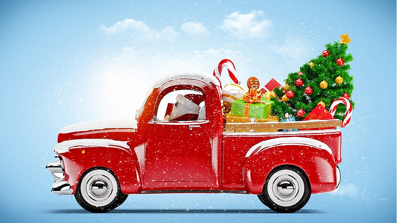 Santa's Pick Up Truck, Christmas, Feliz Navidad, childlren, Saint Nick, Santa Claus, happy, winter, cute, truck, Saint Nicholas, toys, HD wallpaper