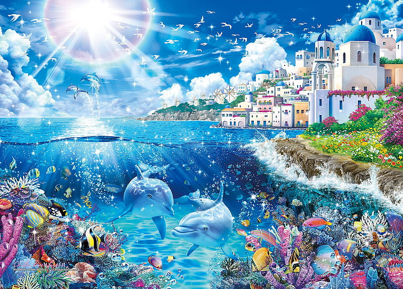 christian riese lassen, blue, art, fish, vara, water, dolphin, fantasy, pesti, summer, castle, pictura, HD wallpaper