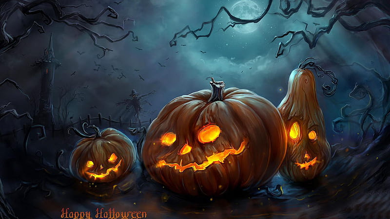 Pumpkins Horrible Faces Dark Sky Background Halloween, HD wallpaper